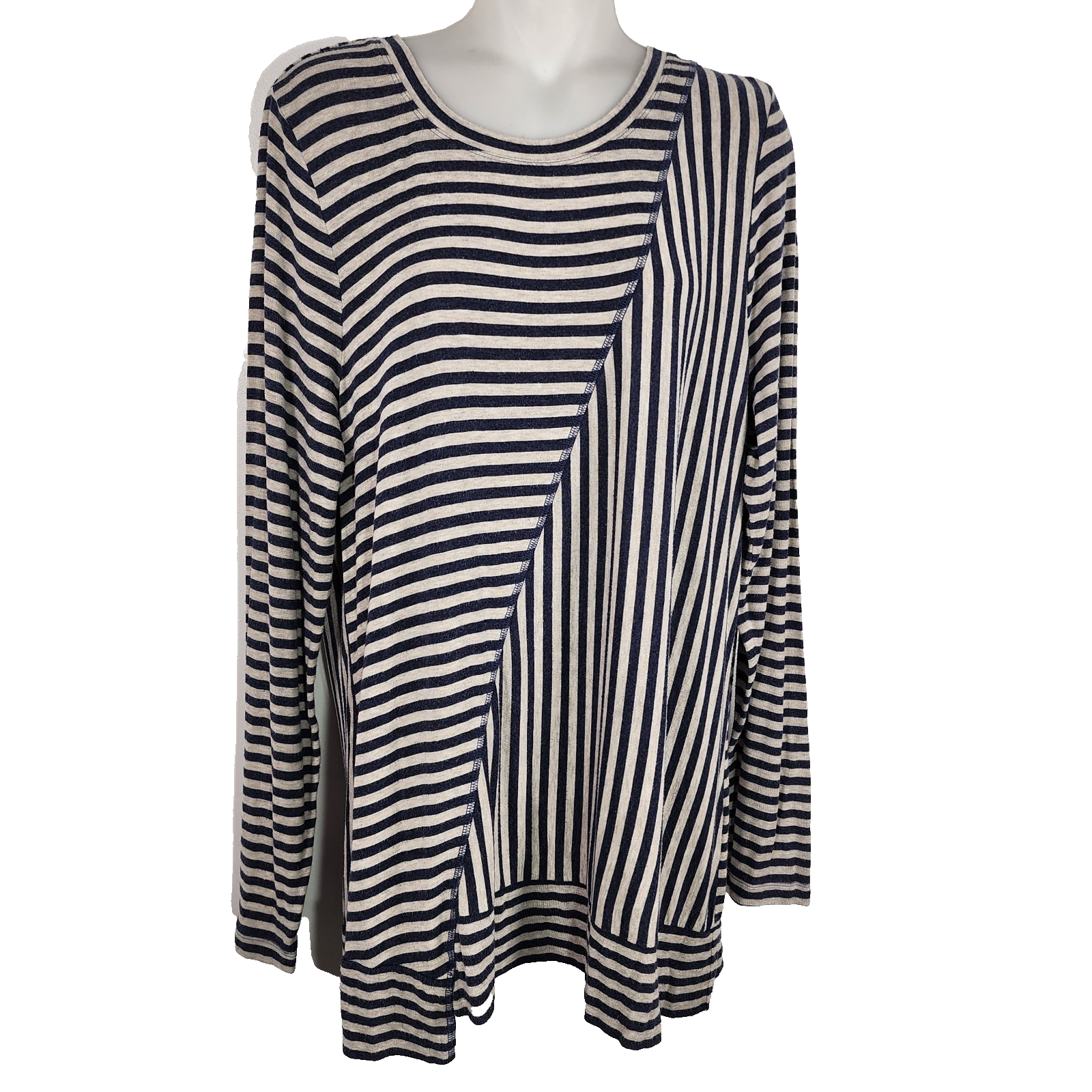 Cabi Womens Ernest Striped Knit Tee Tunic Top Navy Stretch Long Sleeve Coastal L